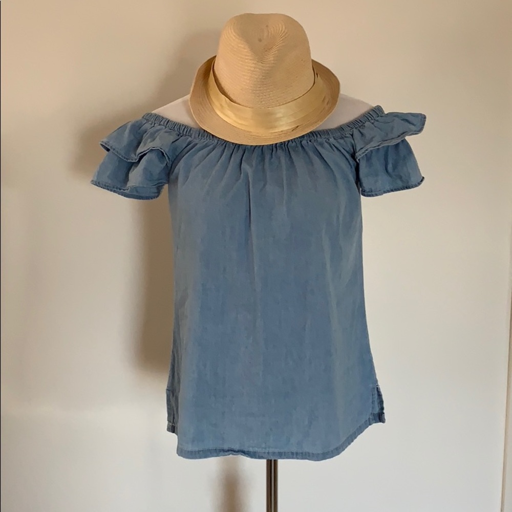 Chambray blue jean strapless off the shoulder top
